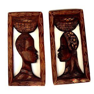 AFRICAN Man Woman Pair Wood Carved Plaque Hand Made 7" x 13 3/4" ea. Vintage New